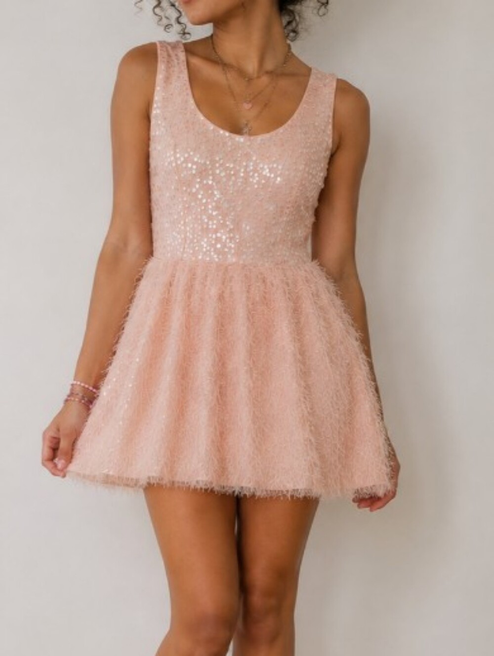CR Sz SM Sleeveless Soft Peach Sequin & Feather Trim Mini Dress with Open Back